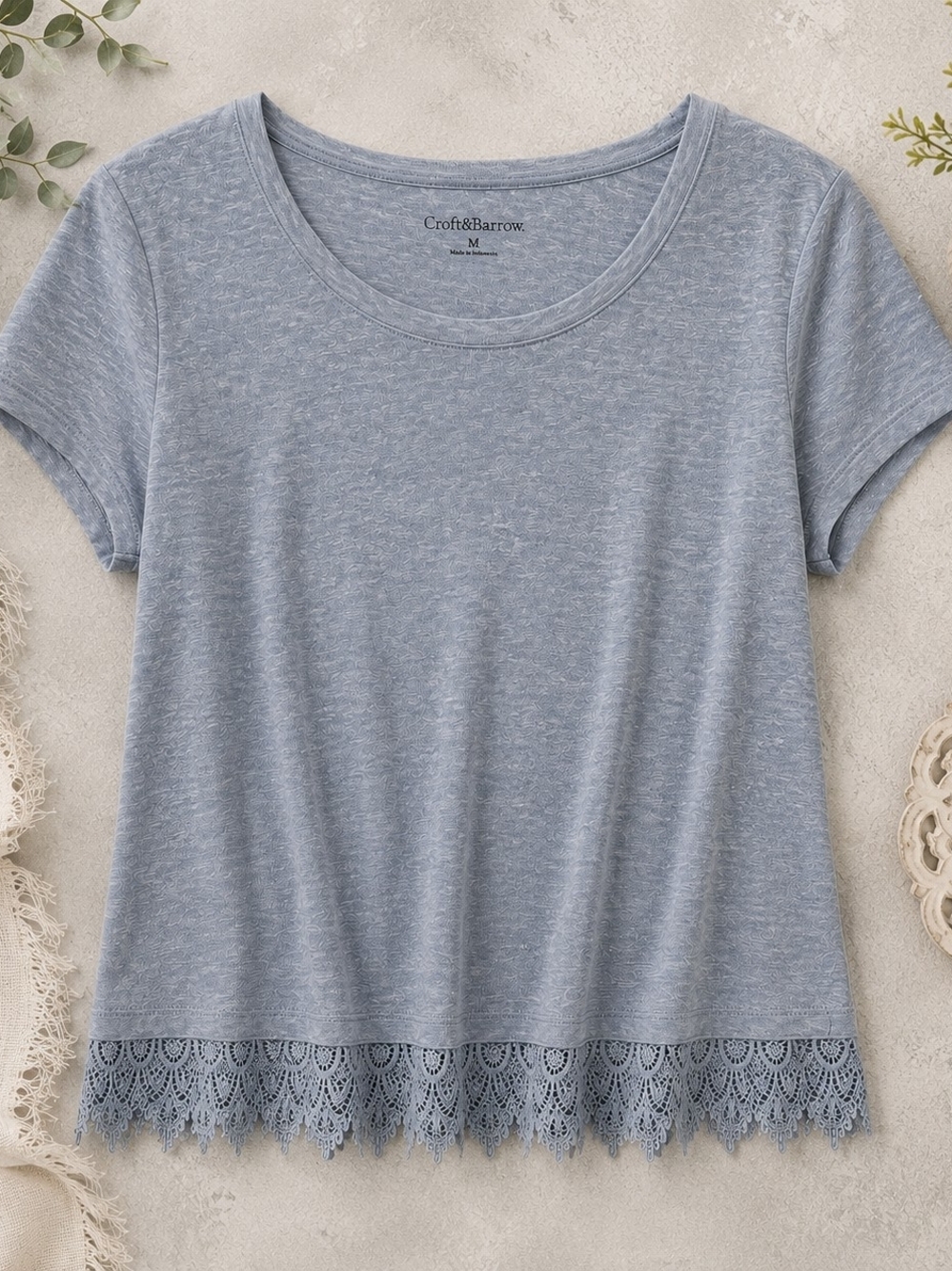 Croft & Barrow Blue Linen Blend Lace Hem Top Medium Boho Cottagecore